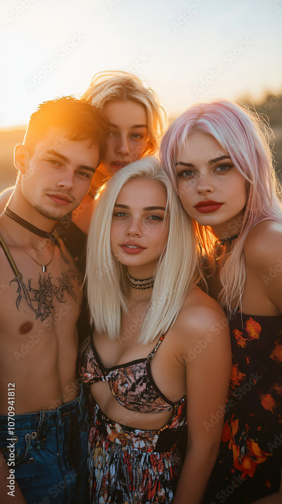 Fototapeta premium Four young adults, one man and three women, are striking a pose on the beach as the sun sets in the background