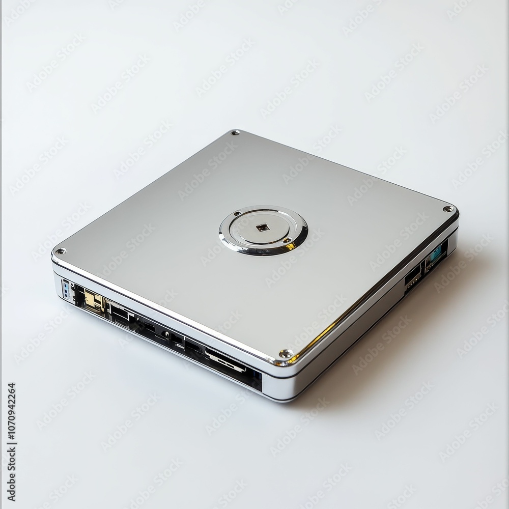 Silver external hard drive on white surface. Silver external hard drive on white surface.