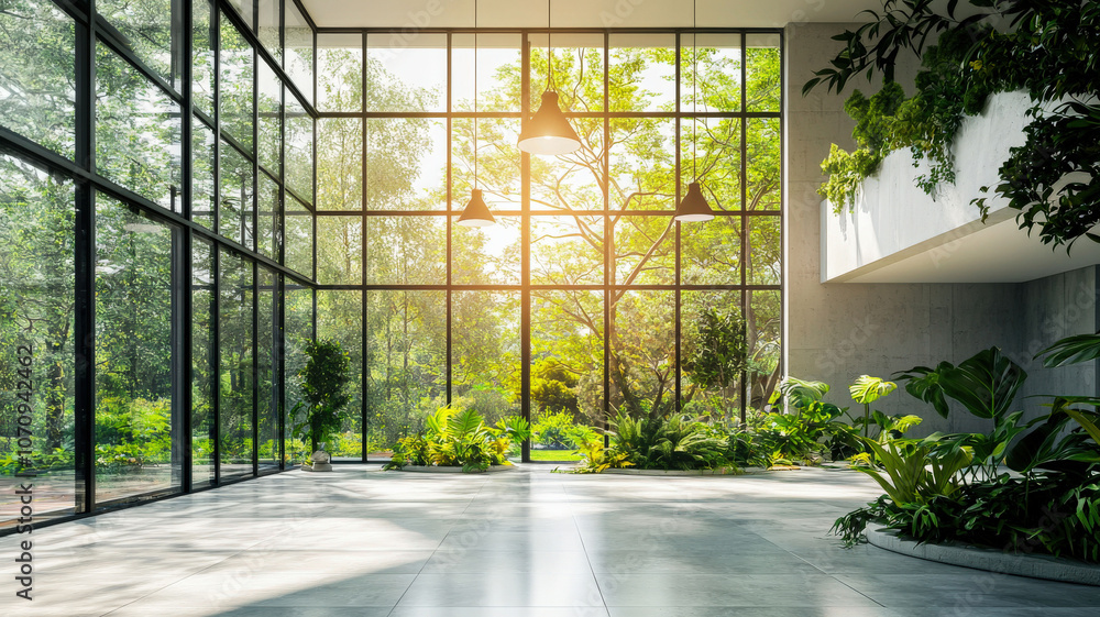 An interior with large glass walls and abundant greenery, blurring the lines between indoor and outdoor living. An interior with large glass walls and abundant greenery, blurring the lines between indoor and outdoor living.