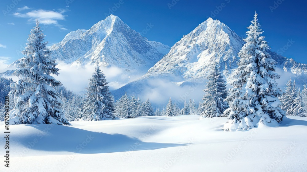 Snow-capped mountains and fir trees in a winter wonderland. Snow-capped mountains and fir trees in a winter wonderland.