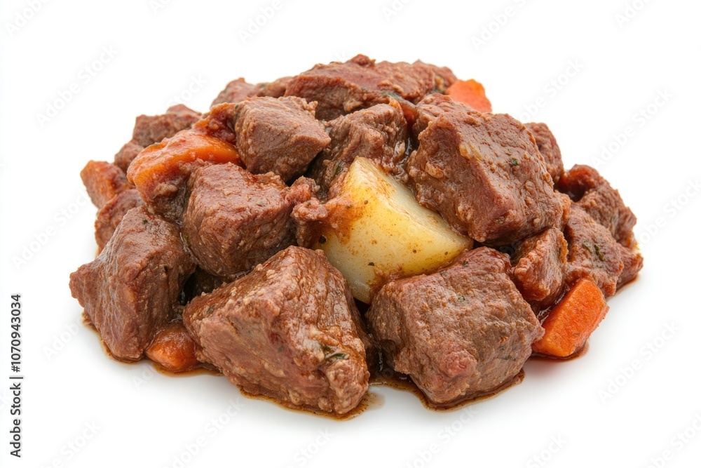 A plate of cooked beef and potatoes served on a white surface A plate of cooked beef and potatoes served on a white surface