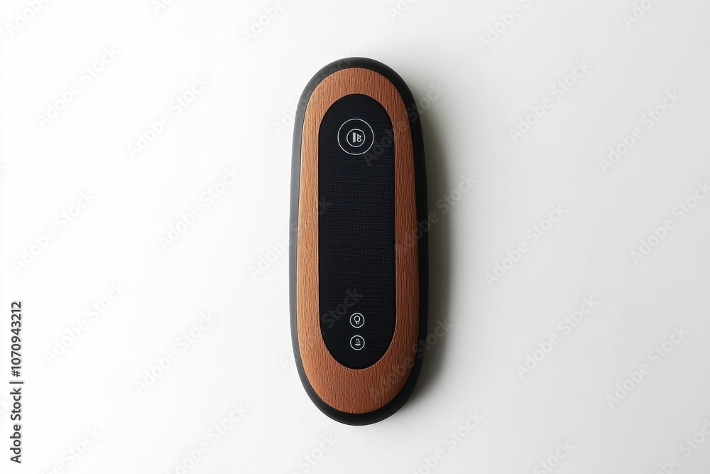 Wooden-framed black speaker with buttons. Wooden-framed black speaker with buttons.
