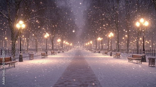 Snowy path with street lights and benches.