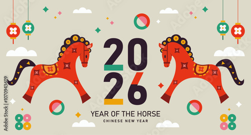 Happy Chinese New Year 2026 with horses, year of horse, 2025 New Year banners, posters, newsletters. 2026 Lunar New Year