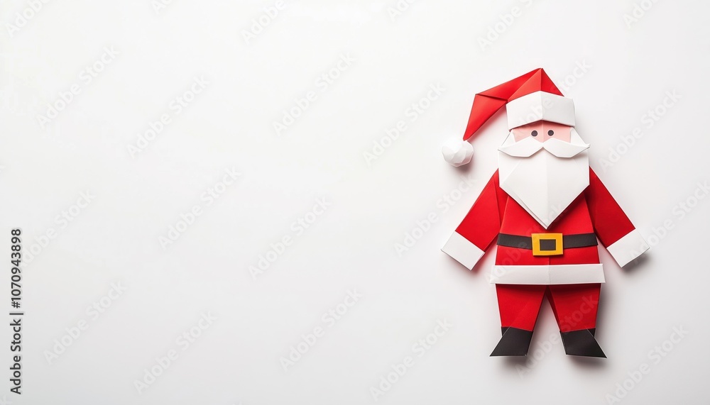 Festive Paper Origami Santas And Kris Kringles For Christmas On A White Background With Space For Your Holiday Messages. Festive Paper Origami Santas And Kris Kringles For Christmas On A White Background With Space For Your Holiday Messages.