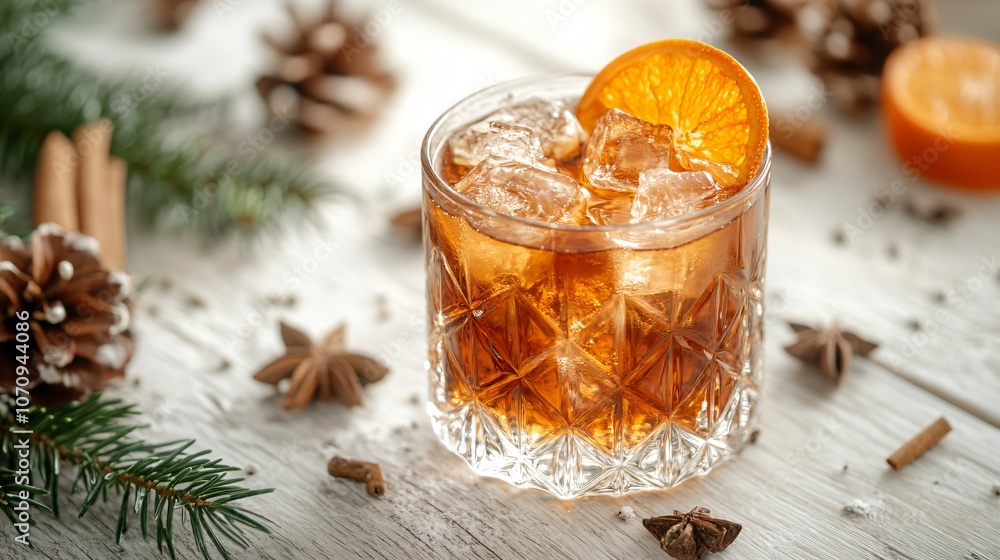 Tasty Christmas cocktail featuring liqueur on a white wooden table, in close-up. Room for text Tasty Christmas cocktail featuring liqueur on a white wooden table, in close-up. Room for text