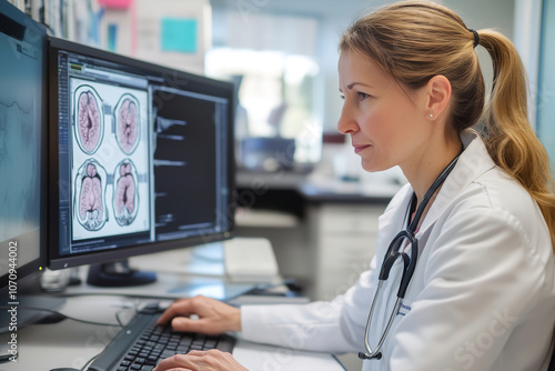 A medical professional analyzing brain scans on a computer in a modern healthcare facility during working hours. Generative AI