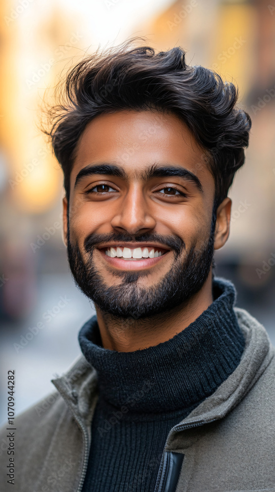 Stylish young man exudes confidence and happiness in a trendy green jacket and black turtleneck on an urban street during autumn or winter. Ideal for casual fashion inspiration
