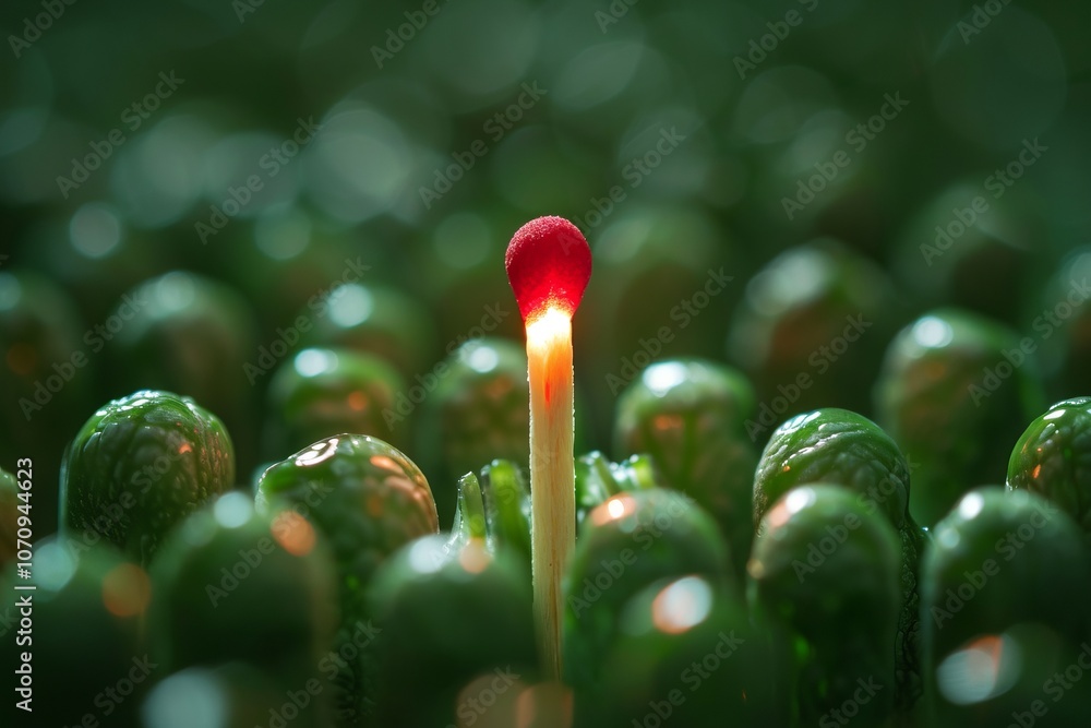 One red match igniting among green, symbolizing the ignition of leadership potential, sharp focus One red match igniting among green, symbolizing the ignition of leadership potential, sharp focus