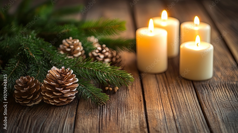Christmas Candles and Pine Cones on Rustic Wooden Table Christmas Candles and Pine Cones on Rustic Wooden Table