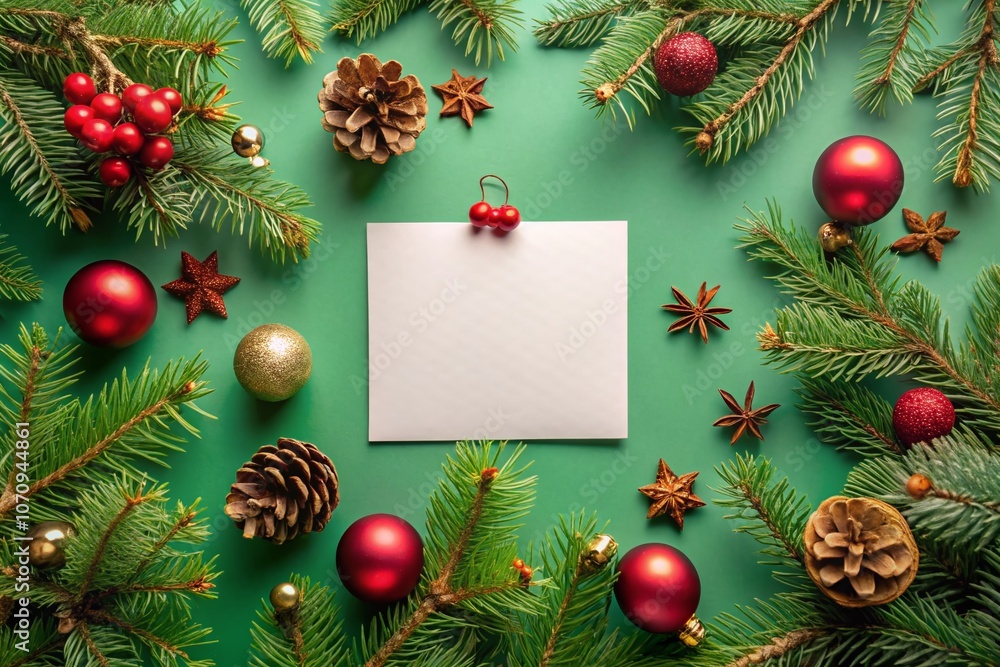 Festive New Year Concept Featuring Pine Branches on Green Background with Christmas Decorations and Flat Lay Arrangement, Perfect for Holiday Card Designs and Celebrations Festive New Year Concept Featuring Pine Branches on Green Background with Christmas Decorations and Flat Lay Arrangement, Perfect for Holiday Card Designs and Celebrations