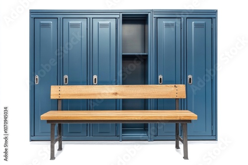 A simple wooden bench placed in front of blue metal lockers, great for any education or workplace setting