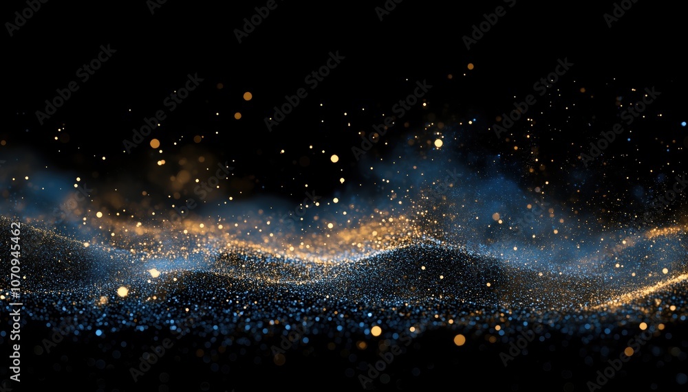 De-Focused Abstract Glitter Lights In Black, Blue, And Gold: A Sparkling Display Of Color And Elegance In A Blurry Glow. De-Focused Abstract Glitter Lights In Black, Blue, And Gold: A Sparkling Display Of Color And Elegance In A Blurry Glow.