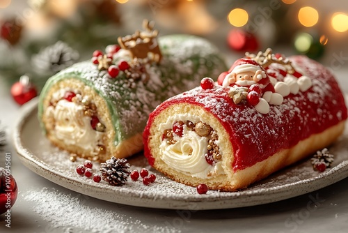 Festive Christmas Yule log cakes with holiday decorations