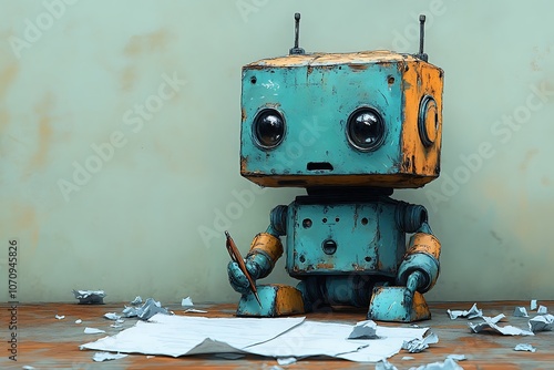 A vintage robot sits at a desk writing on paper, surrounded by crumpled pages.
