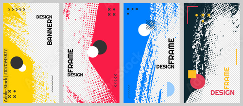 Vector illustration. Hand drawn abstract overlay set. Ink brush strokes border set. Color paint splatter with halftone dots. Element for design flyer, voucher, coupon, vertical photo frame, stories