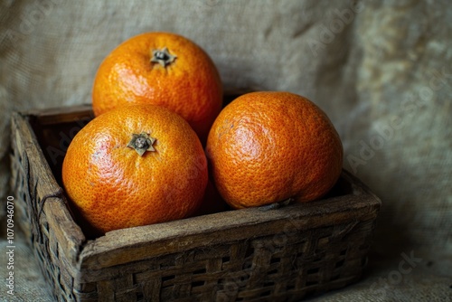 Freshly harvested oranges arranged neatly in a wicker basket on a wooden table, great for food or decoration