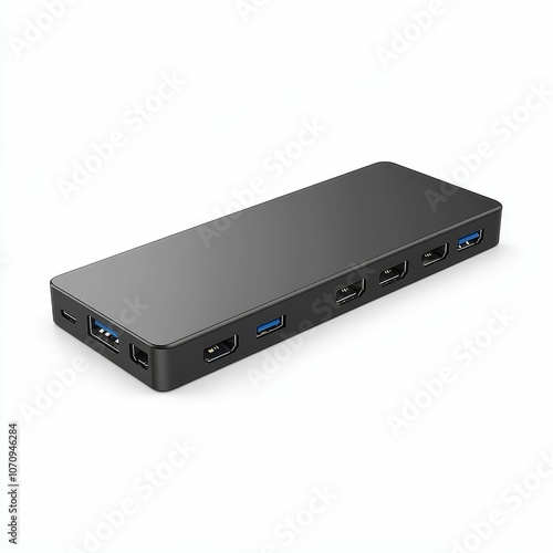 Black USB hub with multiple ports.