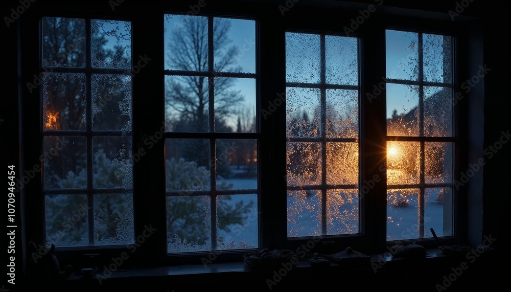Frosty night window background with dark glass illuminated by a warm glow creating a cozy atmosphere Frosty night window background with dark glass illuminated by a warm glow creating a cozy atmosphere