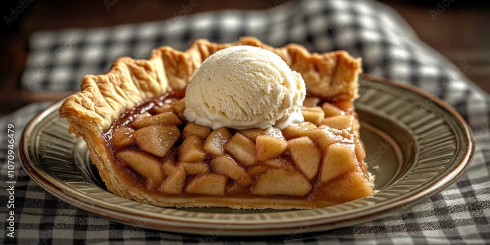 Delicious Apple Pie Slice with Vanilla Ice Cream on Rustic Plate, Perfect Dessert for Fall, Featuring Lattice Crust and Fresh Apples on Plaid Background Delicious Apple Pie Slice with Vanilla Ice Cream on Rustic Plate, Perfect Dessert for Fall, Featuring Lattice Crust and Fresh Apples on Plaid Background