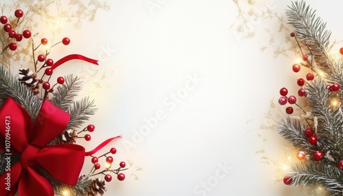 White Christmas Decoration Featuring Floral Wreath, Red Bow, Berries, And Gold Lights - A Festive And Elegant Holiday Display photo