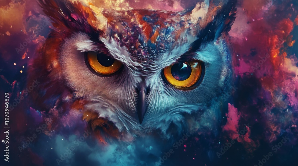 Close-Up of an Owl's Eyes in Cosmic Art Close-Up of an Owl's Eyes in Cosmic Art