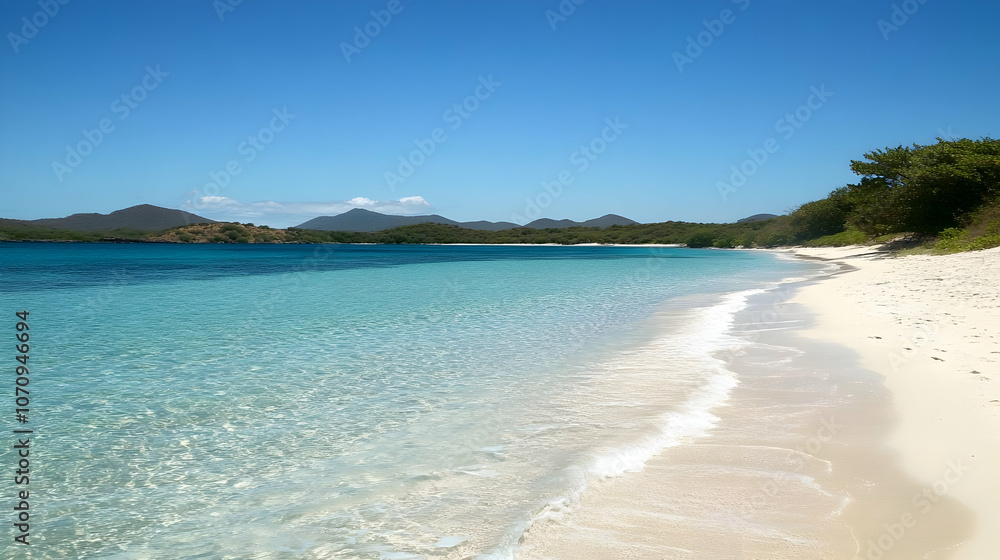 A pristine white sand beach with crystal clear turquoise waters. A pristine white sand beach with crystal clear turquoise waters.