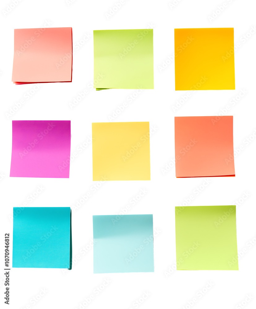 Nine colorful sticky notes arranged in a grid. Isolated on transparent white background, png Nine colorful sticky notes arranged in a grid. Isolated on transparent white background, png