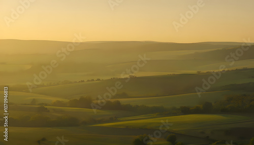 A panoramic view of a Maldivian island at dawn where the first light of day casts a golden glow on the landscape.