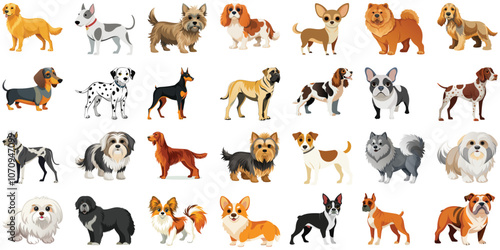 Diverse cartoon dog breed illustrations with white background, perfect for pet care ads