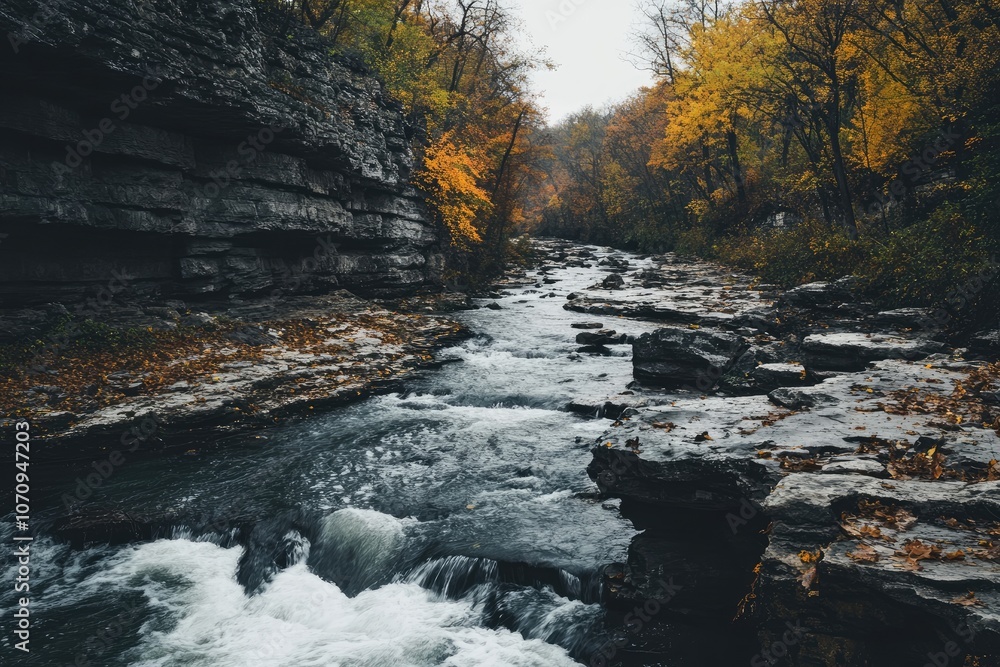Flowing River Through a Rocky Canyon with Autumn Leaves Flowing River Through a Rocky Canyon with Autumn Leaves