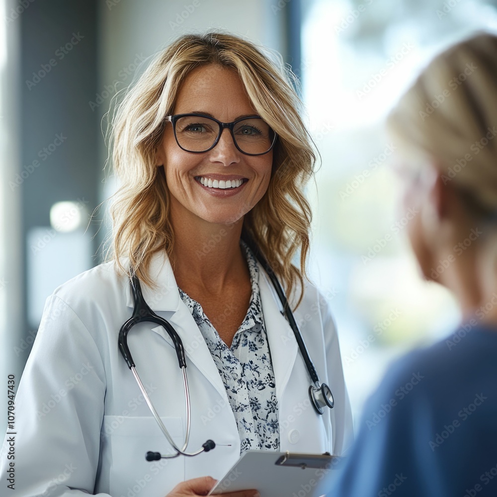 Female doctor with blonde hair, wearing glasses, white coat, and stethoscope, holding clipboard, smiling warmly, engaging with patient in a bright and modern healthcare setting. Female doctor with blonde hair, wearing glasses, white coat, and stethoscope, holding clipboard, smiling warmly, engaging with patient in a bright and modern healthcare setting.