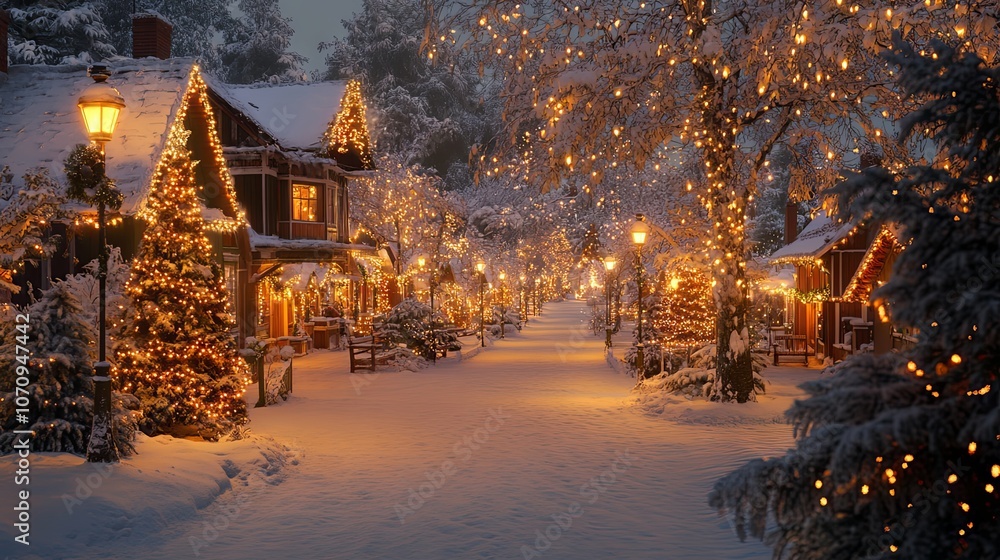 Enchanting Snowy Village Street Adorned with Christmas Lights Enchanting Snowy Village Street Adorned with Christmas Lights