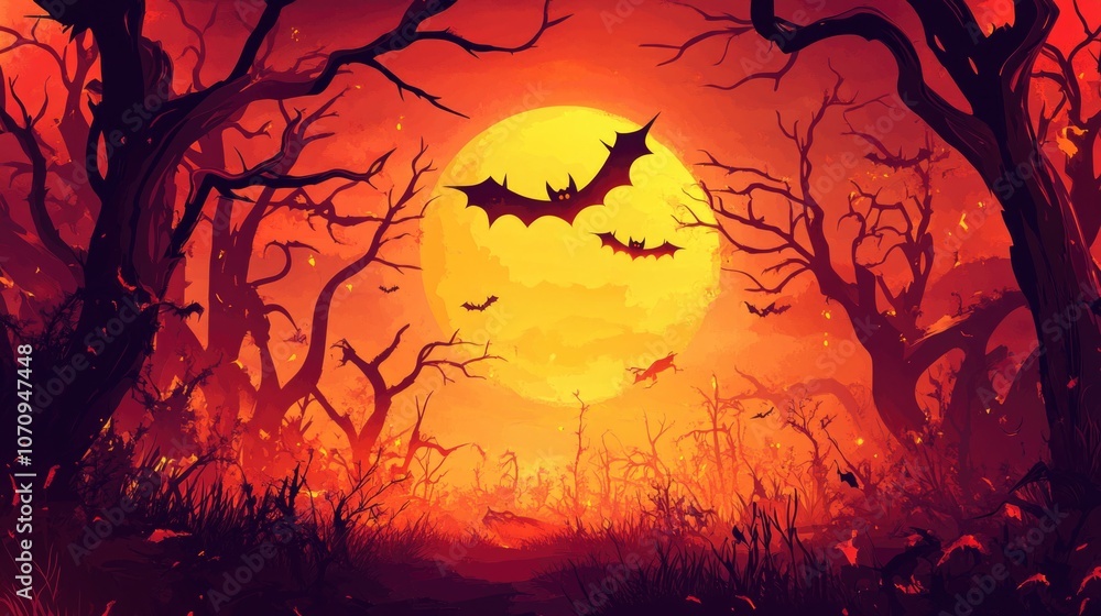 A spooky Halloween scene with bats flying in the sky, perfect for use in horror or fantasy themed projects A spooky Halloween scene with bats flying in the sky, perfect for use in horror or fantasy themed projects
