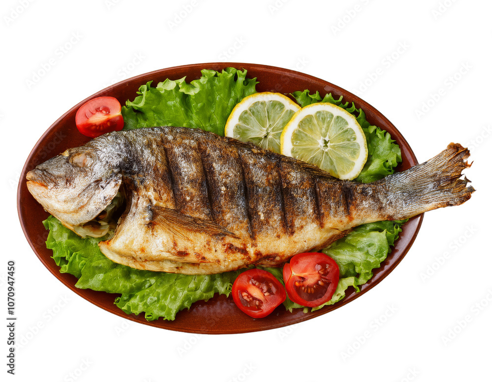 Grilled fish served with salad and lemon, isolated on a white background Grilled fish served with salad and lemon, isolated on a white background