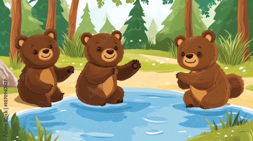 Three Adorable Bear Cubs Playing in a Forest Lake Three Adorable Bear Cubs Playing in a Forest Lake