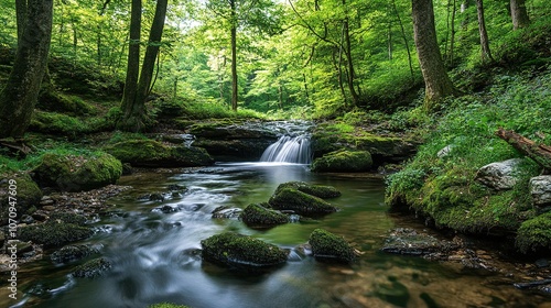 Ancient forest, high canopies, peaceful stream, untouched nature, pure serenity.