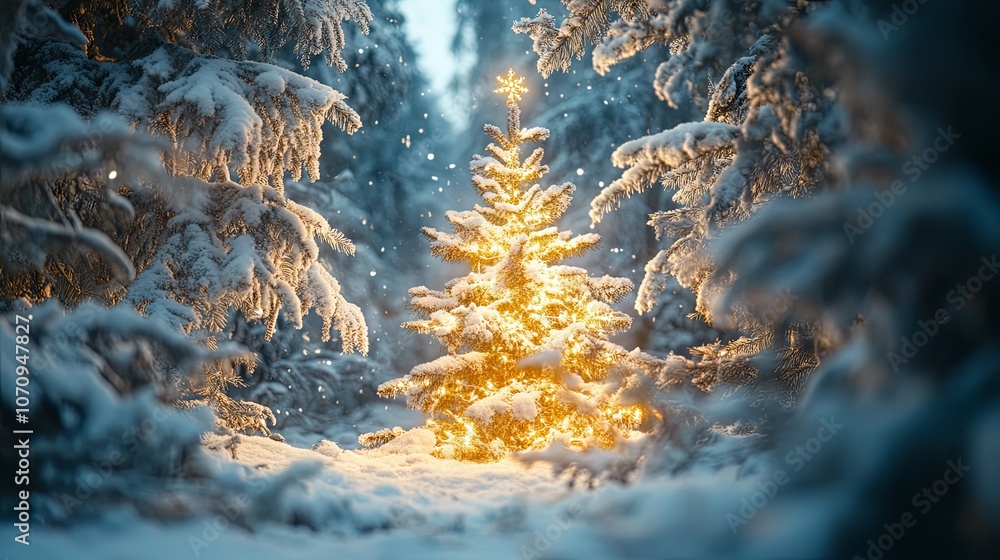 Enchanted Winter Forest with Glowing Christmas Tree Enchanted Winter Forest with Glowing Christmas Tree