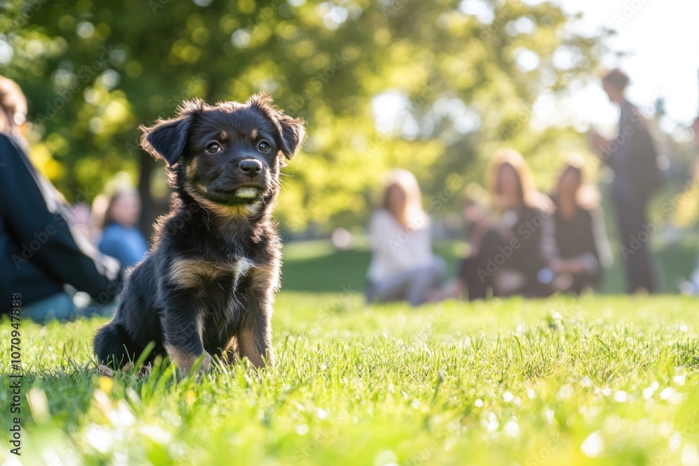 A small dog sitting on the grassy surface, surrounded by lush greenery A small dog sitting on the grassy surface, surrounded by lush greenery