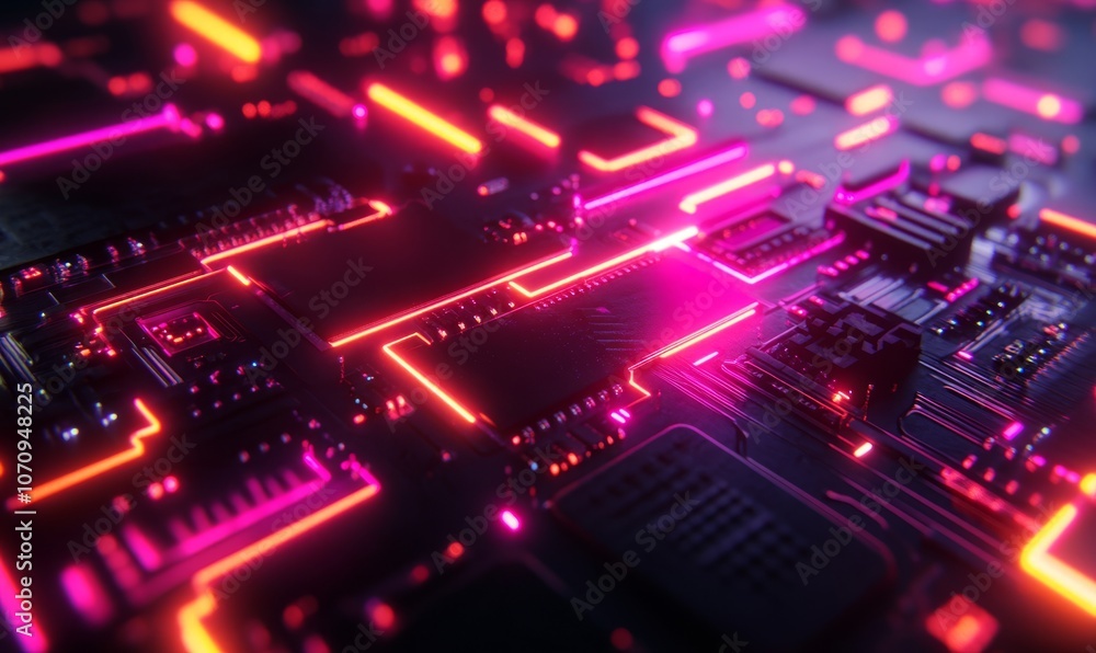 A close-up of a circuit board with glowing neon lines A close-up of a circuit board with glowing neon lines