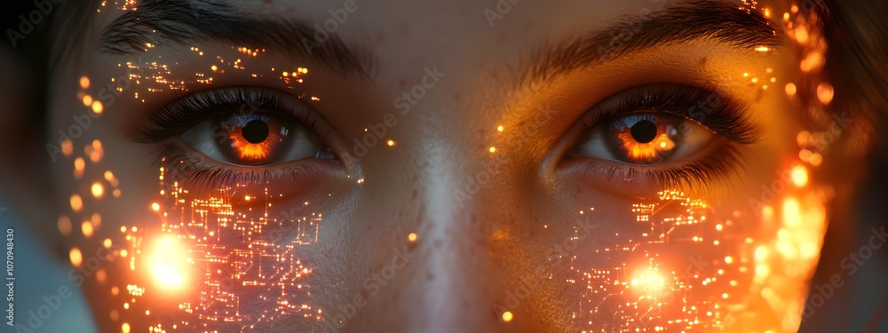 A close-up of the face and eyes of an AI humanoid robot, with digital circuit patterns glowing on its skin A close-up of the face and eyes of an AI humanoid robot, with digital circuit patterns glowing on its skin