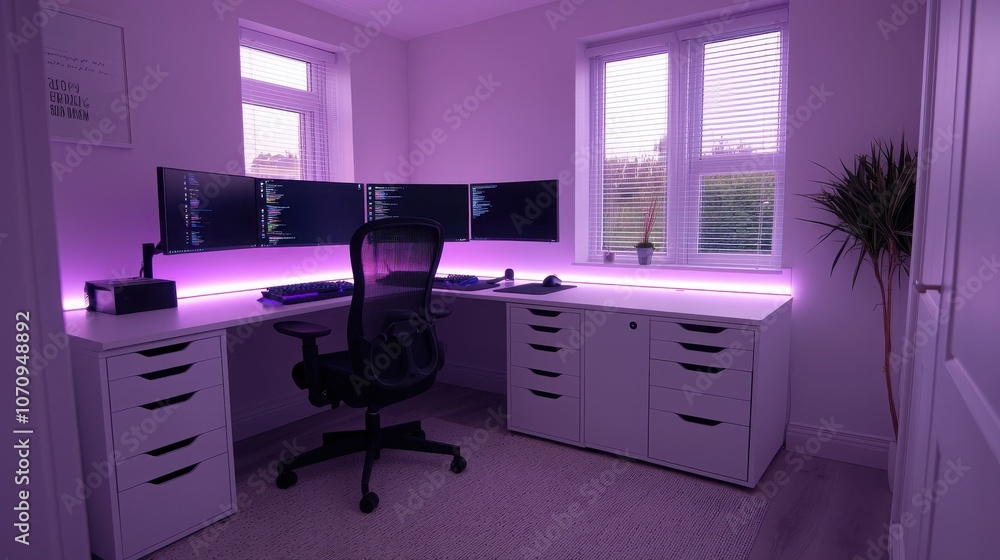 A sleek workspace featuring dual monitors, a comfortable chair, and ambient purple lighting, creating a modern and inviting environment. A sleek workspace featuring dual monitors, a comfortable chair, and ambient purple lighting, creating a modern and inviting environment.