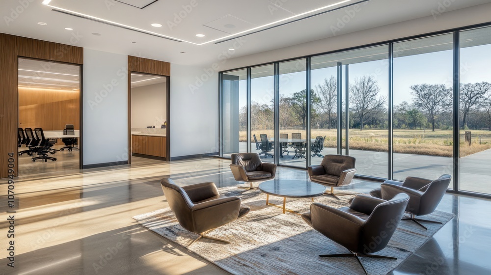 Fototapeta premium Modern office space with seating area and large windows overlooking a natural landscape.