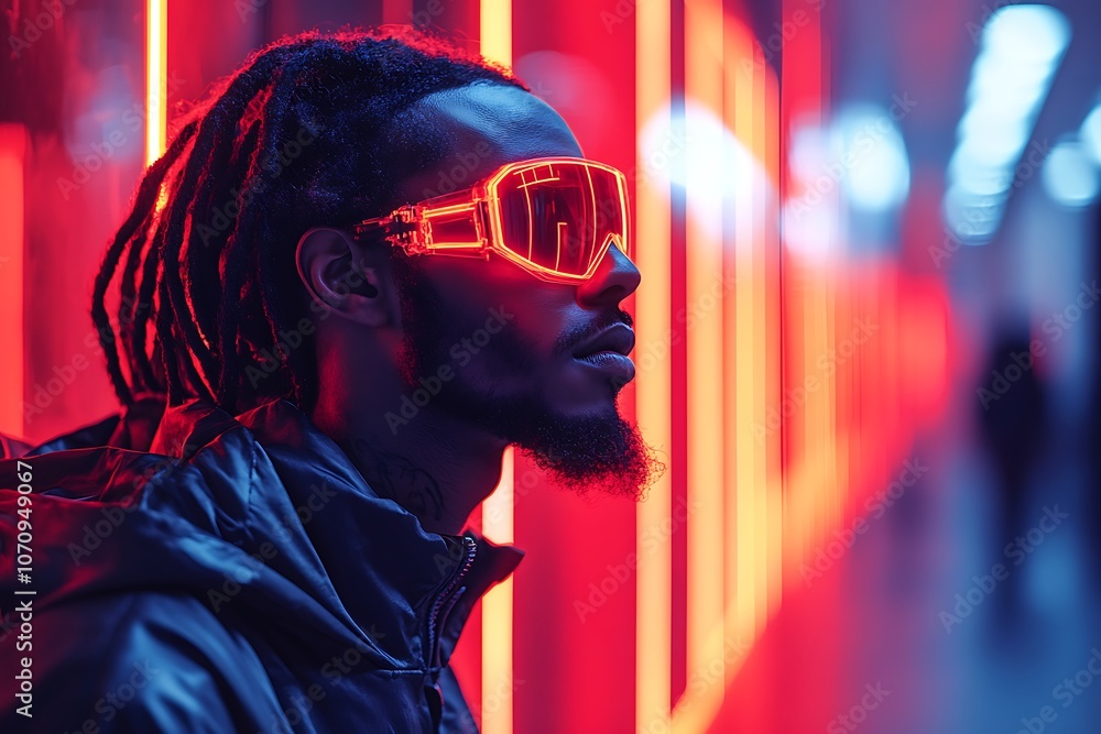Man with neon glasses in cyberpunk setting Man with neon glasses in cyberpunk setting