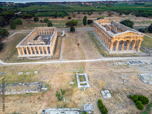 Aerial view of the Archaeological Park of Paestum. 