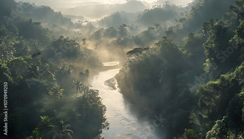 UHD view of a winding river through a lush valley with early morning mist