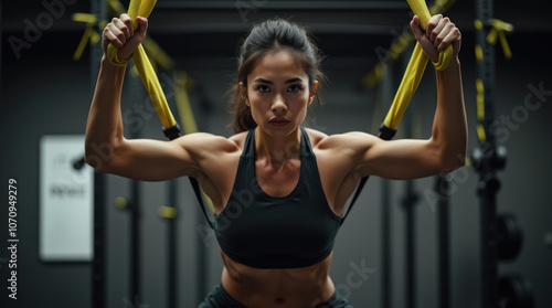 Focused athlete engaging in trx suspension training indoors at a gym
