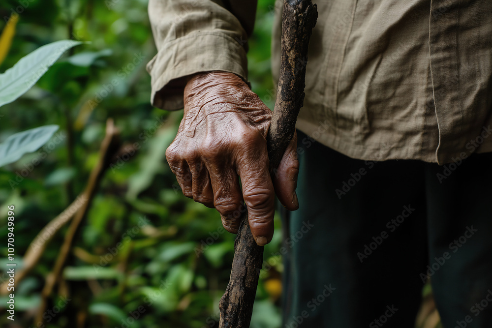 An elderly person holds a sturdy walking stick in a lush green forest during a quiet morning stroll, connecting with nature. Generative AI An elderly person holds a sturdy walking stick in a lush green forest during a quiet morning stroll, connecting with nature. Generative AI