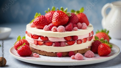 Delicious Cake with Fresh Strawberries and Baiser, A Sweet Delight