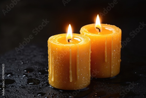 Two Dripping Yellow Candles on a Dark Surface